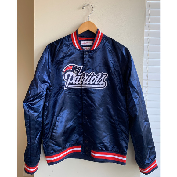 Red Blue Mitchell & Ness New England Patriots NFL Satin Bomber Jacket Women's XL - Picture 1 of 10